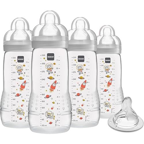 MAM Easy Active Baby Bottle 11 oz with Bonus Nipple, Fast Flow Skinsoft Silicone Nipple with Wide Neck Ergonomic Design, Easy to Hold, BPA-Free Bottles with Leak-Proof Caps for 4+ Months Baby, Unisex