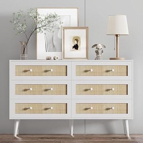 Dresser for Bedroom with 6 Drawer, White Rattan Chest of Dressers, Wide Wood Double Dresser, Wooden TV Stand Closet Storage Furniture, Boho Small Clothes Organizer for Hallway, Living Room, Entryway
