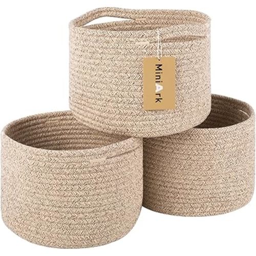 Small Basket for Organizing | Cube Shelf Closet Storage Baskets | 9.7×9.7×7.1” | Woven Rope Gift Basket | Nursery | Round 3 Packs Mixed Brown