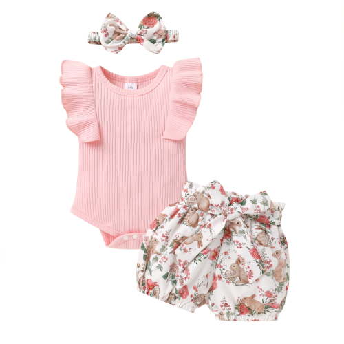Younger Tree Toddler Baby Girl Summer Short Sleeve Romper Rabbit Shorts Headband Easter Clothes Outfits Set for 3-6 Months