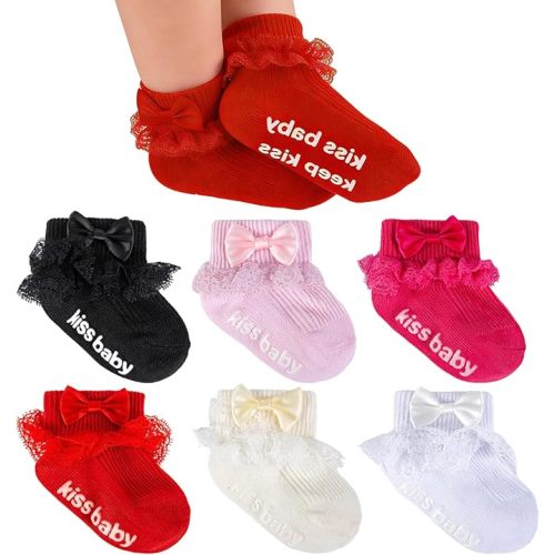 Baby Girl Ruffle Socks with Grips Turn Cuff Ankle Lace Frilly Dress Bow Socks for Newborn/Infant/Toddler/Little Kids