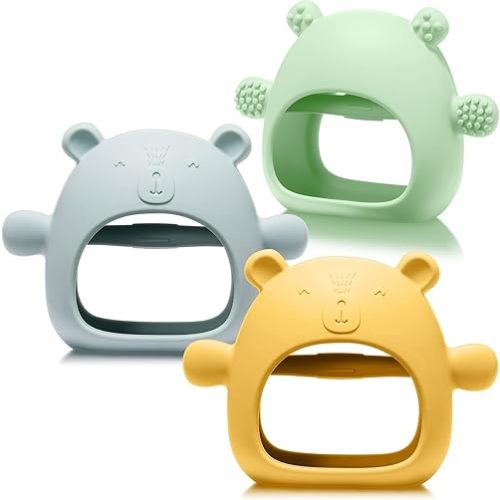 Chumia 3 Pack Baby Teether Teething Toys for Babies 0-6 Months Baby Teething Toy Silicone Anti Dropping Infant Hand Teether Pacifiers Wrist Hand Chew Toys for Sucking Needs (Blue, Yellow, Green)