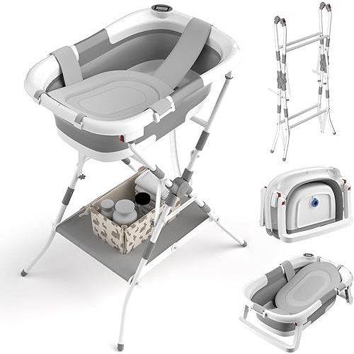 Baby Bathtub with Stand, 2-in-1 Collapsible Bath Tubs for Newborn to Toddler, Infant Bathtub with Folding Stand, Portable Bathtub for Baby Including Soft Cushion, Storage Pad
