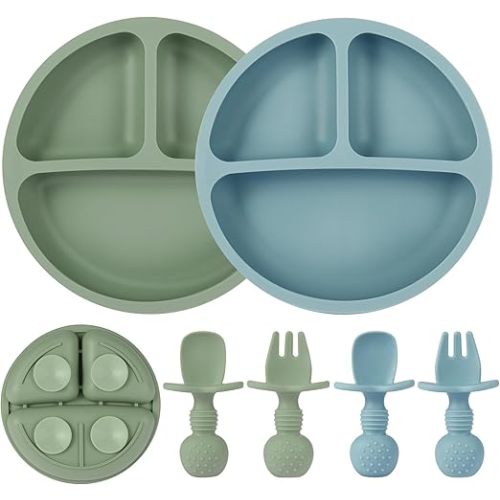 2 Pack Baby Plates with Suction, 2 Pack Silicone Forks and Spoons Set, Baby Led Weaning Supplies, BPA Free, Toddler Utensils for Feeding Essentials