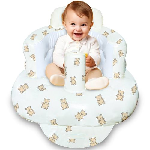 Inflatable Baby Seat for Babies 3-36 Months Built-in Air Pump Toddler Floor Seat with Back Support for Sitting Up Portable Blow Up Baby Chair for Feeding Shower and Playtime (Bear)