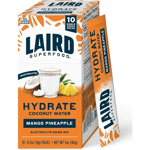 Laird Superfood Hydrate Coconut Water – Electrolyte Drink Mix – Mango Pineapple, 10 Single Serve Sticks – 0g Added Sugar – No Artificial Ingredients – On-the-go Hydration