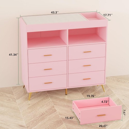 6 Drawers Baby Changing Table Dresser with Changing Pad and Power Outlet