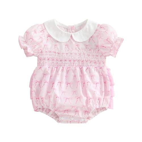 Filgriox Newborn Baby Girl Romper Bow Embroidery Peter Pan Collar Short Sleeve Bubble Bodysuit Summer Clothes