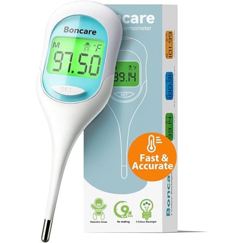 Boncare 9 Seconds Digital Basal Thermometer - Accurate Oral & Rectal Thermometer for Adults & Kids, Fever Alarm, Large Display (Blue)