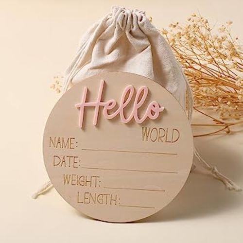 Baby Announcement Signs Baby Milestone Cards Wooden Newborn Photography Props Newborn Baby Birth Announcement Sign Hello World Newborn Sign Baby Shower for Boys and Girls 6 Inch-Pink