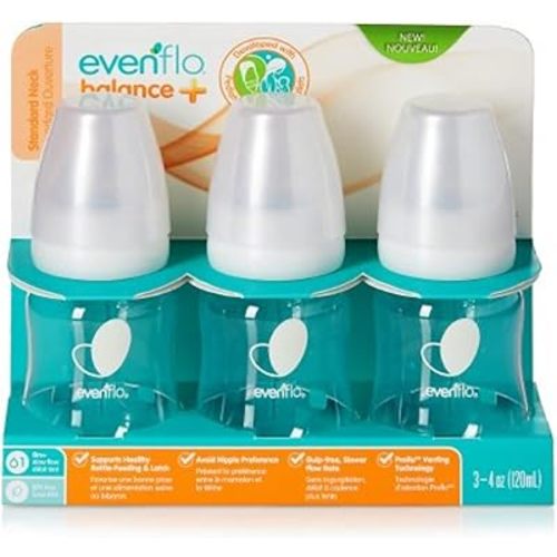 Evenflo Feeding Balance+ Bottles, Standard, 0+ Months, Slow Flow, 3 Bottles, 4 oz (120 ml)
