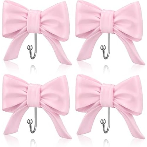 Chunful 4 Pcs Coquette Pink Bow Wall Hook Resin Bow Knot Door Hanger Rack Decorative Cute Towel Hook for Clothes Coat Hat Bag Towel Multi-Purpose Bathroom Kitchen Living Room Home Decor