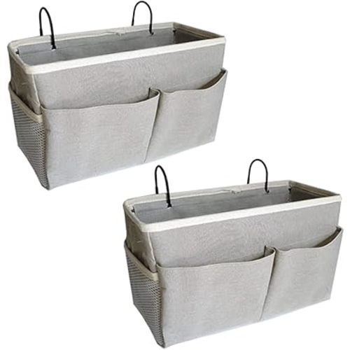 2-Pack Bedside Caddy, Bedside Hanging Storage Organizer for College Dorm Beds, Bunk Beds and Hospital Beds Rails, The Hanging Basket Can be Placed Magazine, Books, Phones,kettle, Glasses (Grey)