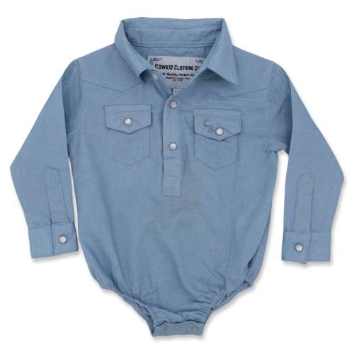 Light Denim Long Sleeve Pearl Snap Onesie – Cowkid Clothing Company 6-12 Months