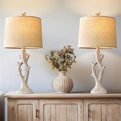 OYEARS Farmhouse Table Lamps Set of 2 for Living Room Bedroom Bedside Tree Lamp Nightstand End Table 25" Lamps Vintage Natural Style