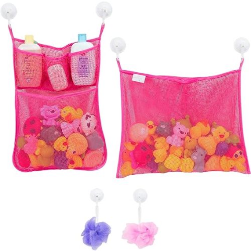 2 x Mesh Bath Toy Organizer + 6 Ultra Strong Hooks – The Perfect Bathtub Toy Holder & Bathroom or Shower Caddy – These Multi-use Net Bags Make Baby Bath Toy Storage Easy – For Kids & Toddlers - Pink x2