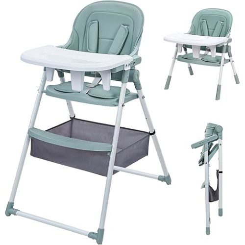 2-in-1 Baby Dining Chair Toddler Feeding Chair with Removable Tray and Removable Cushion Folding, Converting, Height-Adjustable Children's Dining Chair with Large Storage Basket