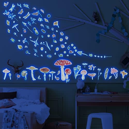 Glow in The Dark Mushroom Wall Decals - Watercolor Woodland Stickers for Ceiling, Aesthetic Colorful Fall Leaf Baby Kids Bedroom Nursery Decorations (Blue)