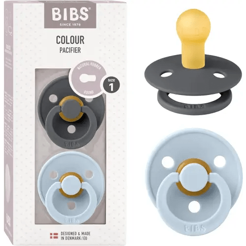BIBS Pacifiers Colour Collection | Natural Rubber Baby Pacifier | Set of 2 BPA-Free Soothers | Made in Denmark | 0+ Months (Pack of 2) | Baby Blue/Iron