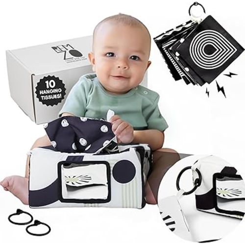 Baby Tissue Box Toy 3-in-1 w/ 10 Hanging Baby Crinkle Paper and Baby Tummy Time Mirror - High Contrast Baby Toys for Newborn - Sensory Montessori Magic Tissue Box Baby Toy - Crinkle Books for Babies