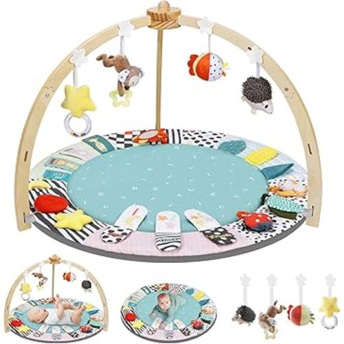 Baby Play Gym,6 Developmental Zones Tummy Time Mat, Wooden Baby Play Gym Mat with 7 Detachable Sensory Toys for Newborn Brain Development, Essential Baby Shower Set, Green