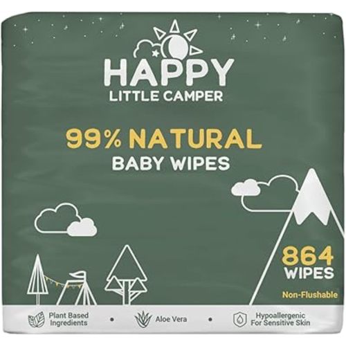 Happy Little Camper Natural Baby Wipes Unscented - Hypoallergenic & Chlorine-Free Wet Wipes with Aloe Vera, Chamomile and Pomegranate Extract - Gentle on Sensitive Skin - 864 Count