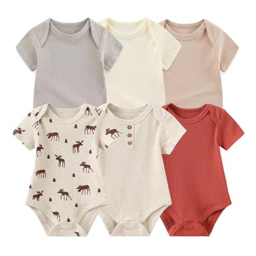 Ruliby Baby Bodysuit 6 Pack Soft Mixed Ribbed Short Sleeve Romper Infant Boy Girl Clothes Set