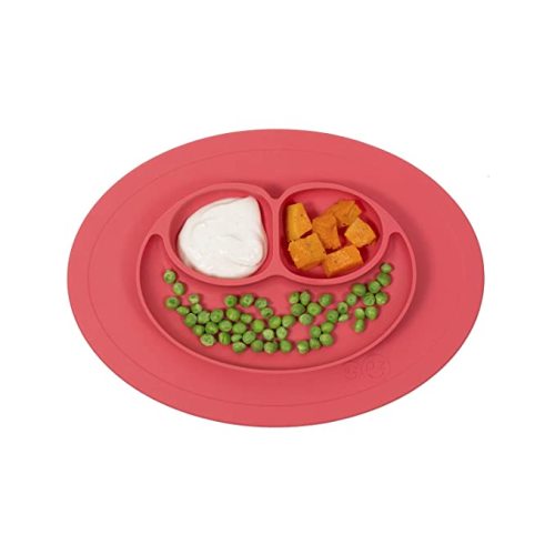ezpz Mini Mat (Coral) - 100% Silicone Suction Plate with Built-in Placemat for Infants + Toddlers - First Foods + Self-Feeding - Comes with a Reusable Travel Bag (PCMMC004), One Size