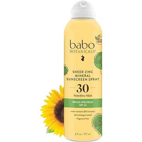 Babo Botanicals Sheer Zinc Continuous Sunscreen Spray SPF30 - Natural Zinc Oxide - Extra Sensitive Skin - Water Resistant - Vegan - Fragrance-Free - Air-Powered Spray - For all ages
