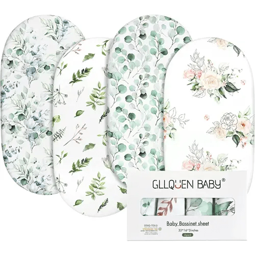 Gllquen Baby Bassinet Sheets 4 Pack, Breathable Cozy Fitted Mattress Sheet, Elastic Travel Crib Fashionable Floral Pattern, Standard Cradle Safe Sheets for Baby Boy Girls 32"X16"(Greenery)