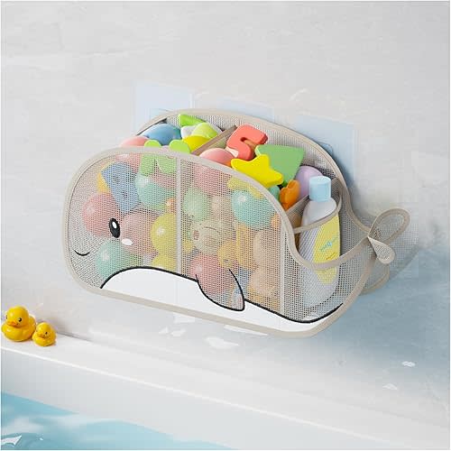 Quick-Drying Baby Bath tub Toy Organizer Storage for Bathroom, Large-Capacity mesh Bath Toy Holder for Bathtub, Convenient for Quick Access, Whale-Shaped Design (Gray)