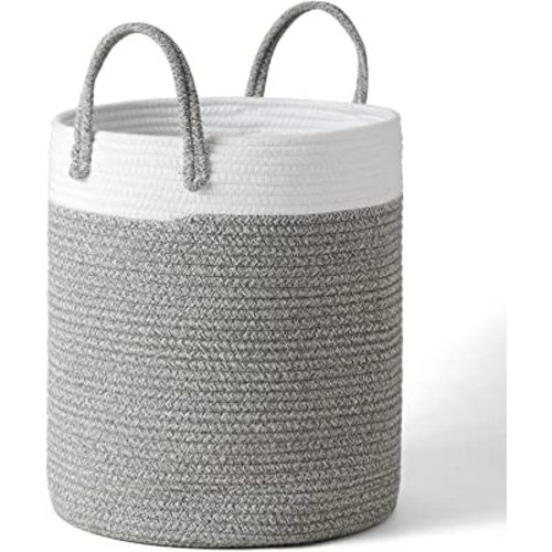 LA JOLIE MUSE Woven Rope Basket Hamper, Tall Cotton Laundry Basket 16 x 14 x 14 Inches, Clothes Blanket Storage Baskets for Living Room Nursery Bedroom Bathroom, White & Gray
