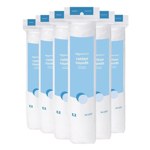 Amazon Basics Hypoallergenic 100% Cotton Rounds for Makeup Removal and Skincare, 600 Count, 6 Packs of 100 Count