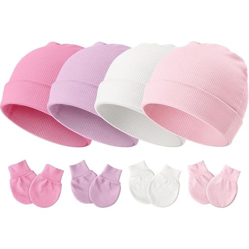 DRESHOW BQUBO Baby Newborn Hats with Scratch Mittens for Unisex Preemie Newborn Hats Hospital Hat for Boys Girls 0-6 Months