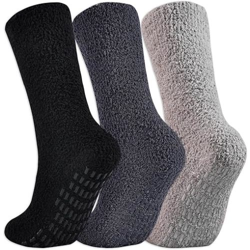 JORMATT 3 Pairs Ultra Thick Grip Fuzzy Socks Non Skid Slipper Hospital Socks Unisex