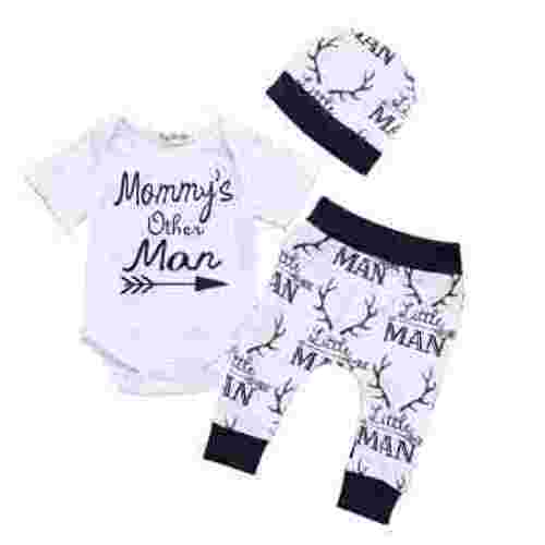 3PCs Newborn Baby Boy Clothes Mommy's Other Man Sayings Romper Deer Pants Hats Clothing Outfit