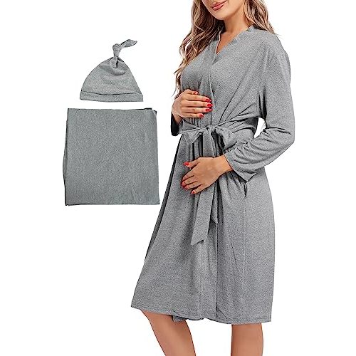 SUFEINI Maternity Mommy Robes with Matching Swaddle Blanket Set, Maternity Mommy Postpartum Bathrobe Sleepwear