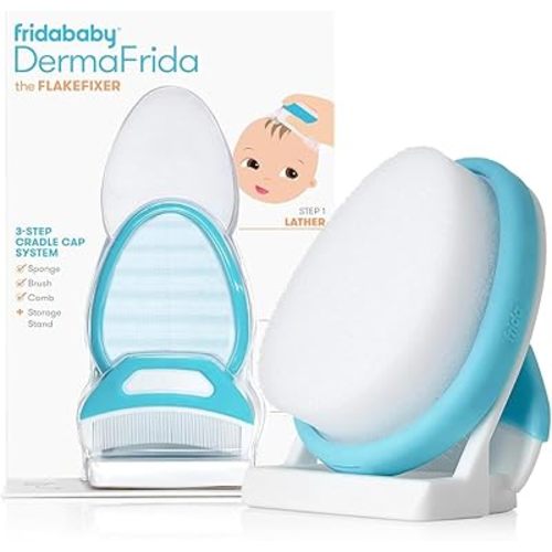 The 3-Step Cradle Cap System, Derma, The Flake Fixer, Sponge, Brush, Comb and Storage Stand for Babies with Cradle Cap, White-Blue