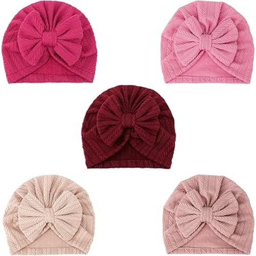 DRESHOW BQUBO 5 Pieces Newborn Baby Turban Hats Bow Baby Infant Beanie Breathable Toddler Cap for Baby Girls