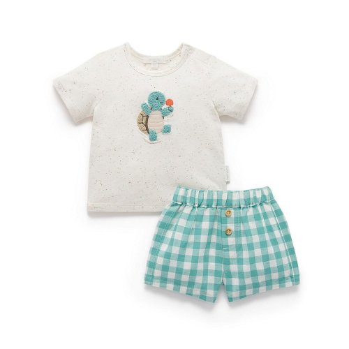 Purebaby Baby Boys Newborn-24 Months Short Sleeve Turtle T-Shirt & Gingham Short Set