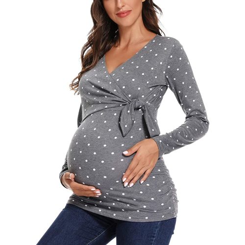 Glampunch Women's Maternity Shirts Short & Long Sleeve Tie Front Wrap Maternity Tops