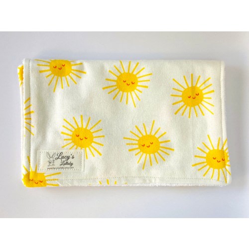 Burp Cloth - HAPPY SUNS | Handmade | Flannel and Terry Cloth | Smiling Suns | Yellow | White | Baby Shower Gift | Baby Girl | Baby Boy |