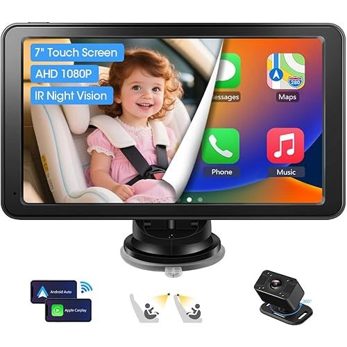 7" AHD Baby Car Camera with Apple CarPlay & Android Auto 1080P Car Camera for Baby with Ultra Night Vision 150° Wide Angle, Car Baby Monitor w Invisible Infrared Lights Easy to Install