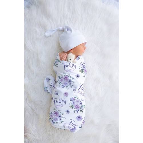 Personalized Baby Girl Purple Floral Swaddle Blanket, Lilac Roses, Receiving Blanket, Hospital Blanket, Baby Shower Gift, Baby Bedding