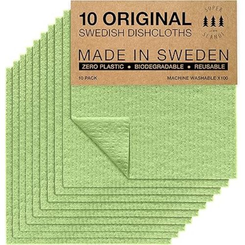 SUPERSCANDI 10 Pack Swedish Dishcloths for Kitchen - 100% Biodegradable & Compostable Reusable Paper Towels Washable, Food-Safe & Without Plastic - Dish Rags Suitable for Any Surface, Apple Green