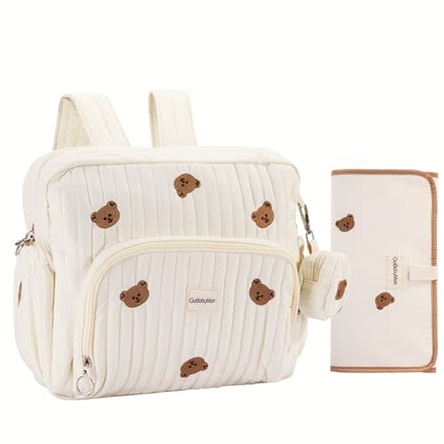 GOBABYMART Diaper Bag Backpack, Mini Maternity baby bag with Changing Pad, Insulated Pockets, Stroller Straps & Pacifier Case (Beige - Bears)