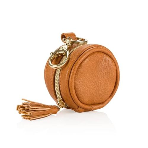 Itzy Ritzy Pacifier Case with Clip – Pacifier Charm Pod Includes Clasp to Easily Attach to a Diaper Bag or Purse; Measures 2.5” in Diameter and Holds 2 Pacifiers, Cognac