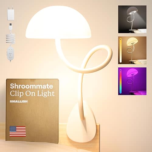 Shroommate Clip On Light and Bedside Table Lamp, Reading Light, Night Light for Kids Nursery, Clip on for Desk, Bed Headboard, Multicolor Changing LEDs Lights, Adapter Included (White)