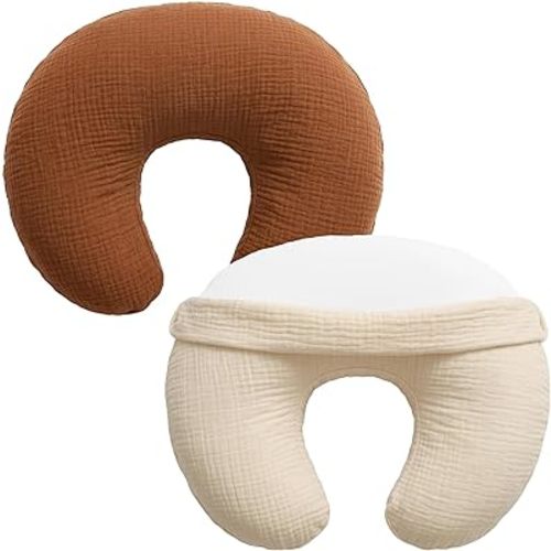 Pro Goleem Muslin Nursing Pillow Cover, 100% Cotton Soft Breathable Feeding Pillow Slipcover for Breastfeeding Moms, Fits Standard Infant Nursing Pillow, for Boys and Girls, 2 Pack (Brown&Beige)