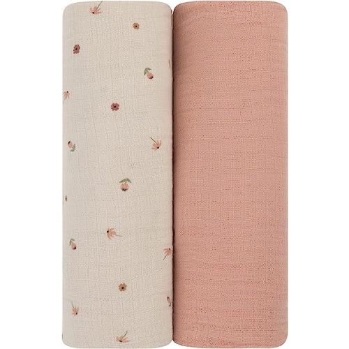 Ely's & Co. Muslin Swaddle Blanket 2-Pack — 100% Cotton Muslin Extra-Large Swaddle Blankets (47” x 47”) Solid + Printed (Pink Garden Flower)